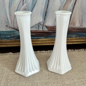 Vintage EO Brody Milk Glass Bud Vase Pair Ribbed White 6” MCM